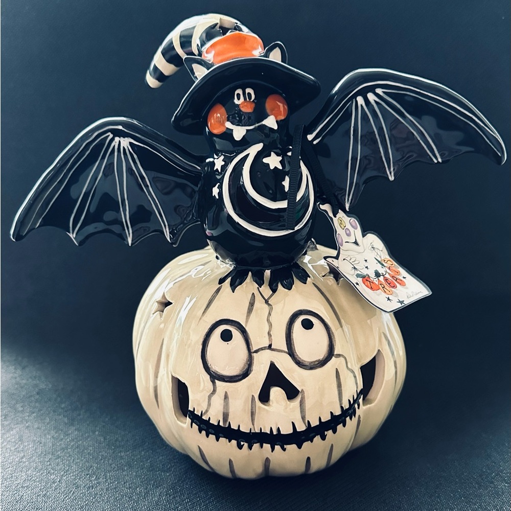 BLUE SKY CLAYWORKS Halloween Bat On A Skeleton Pumpkin Tealight Pottery (NWT)